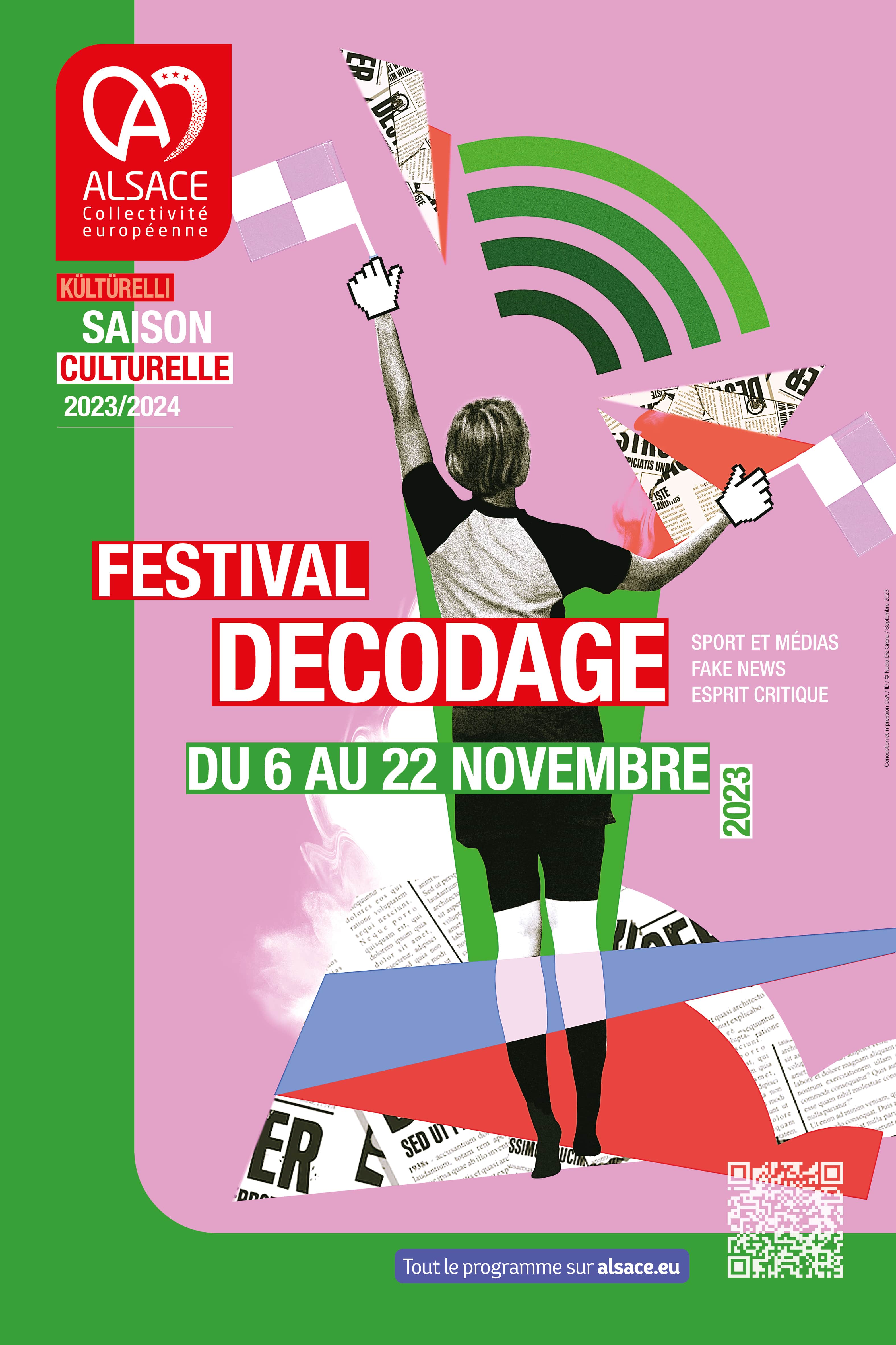 Affiche du festival décodage rose et verte avec une sportive de dos qui lève le bras en technique découpage-collage