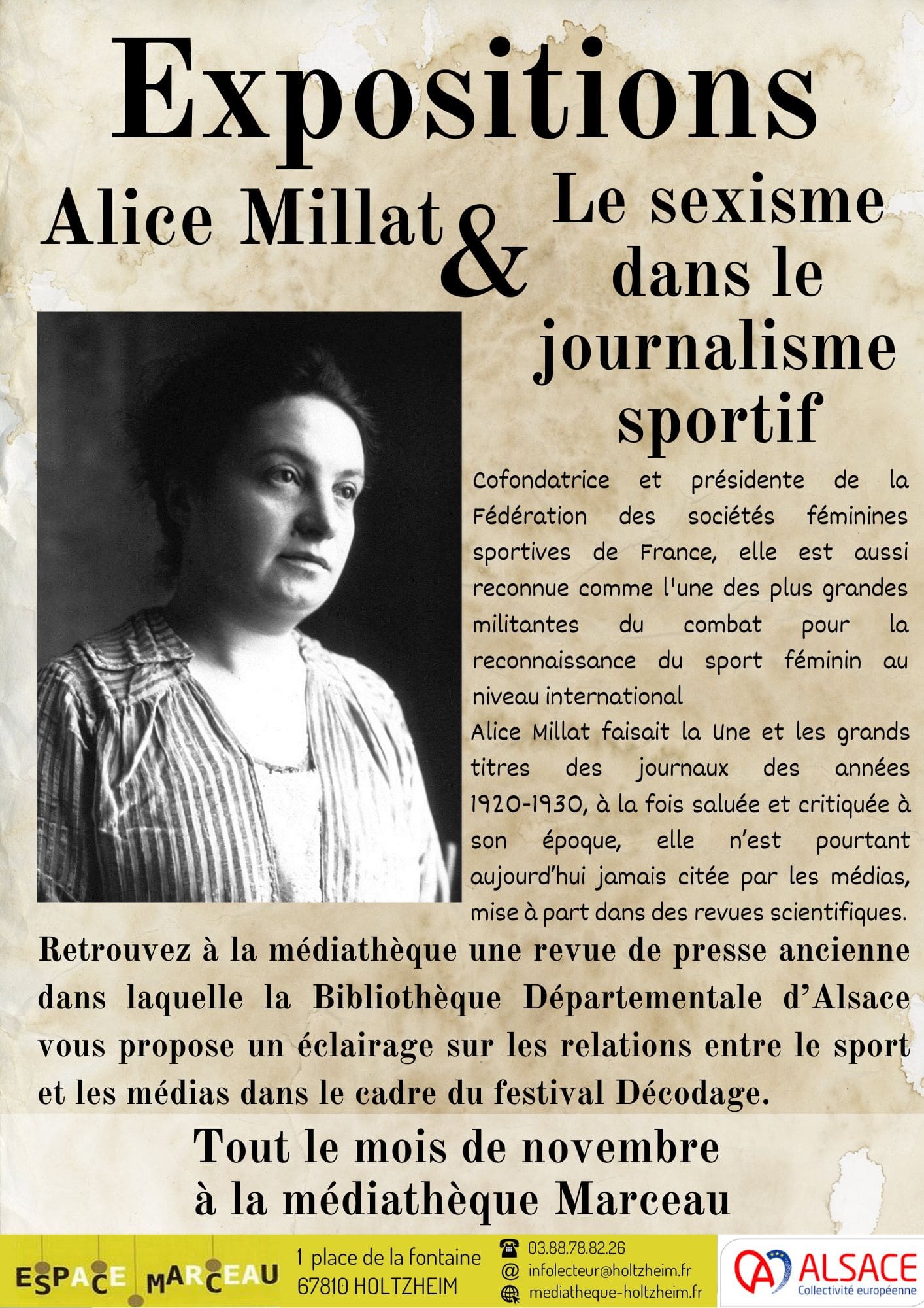 Affiche de l'exposition Alice Millat avec une rapide biographie de cette sportive du 20ème siècle puis la mention "Tout le mois de novembre à la médiathèque Marceau"