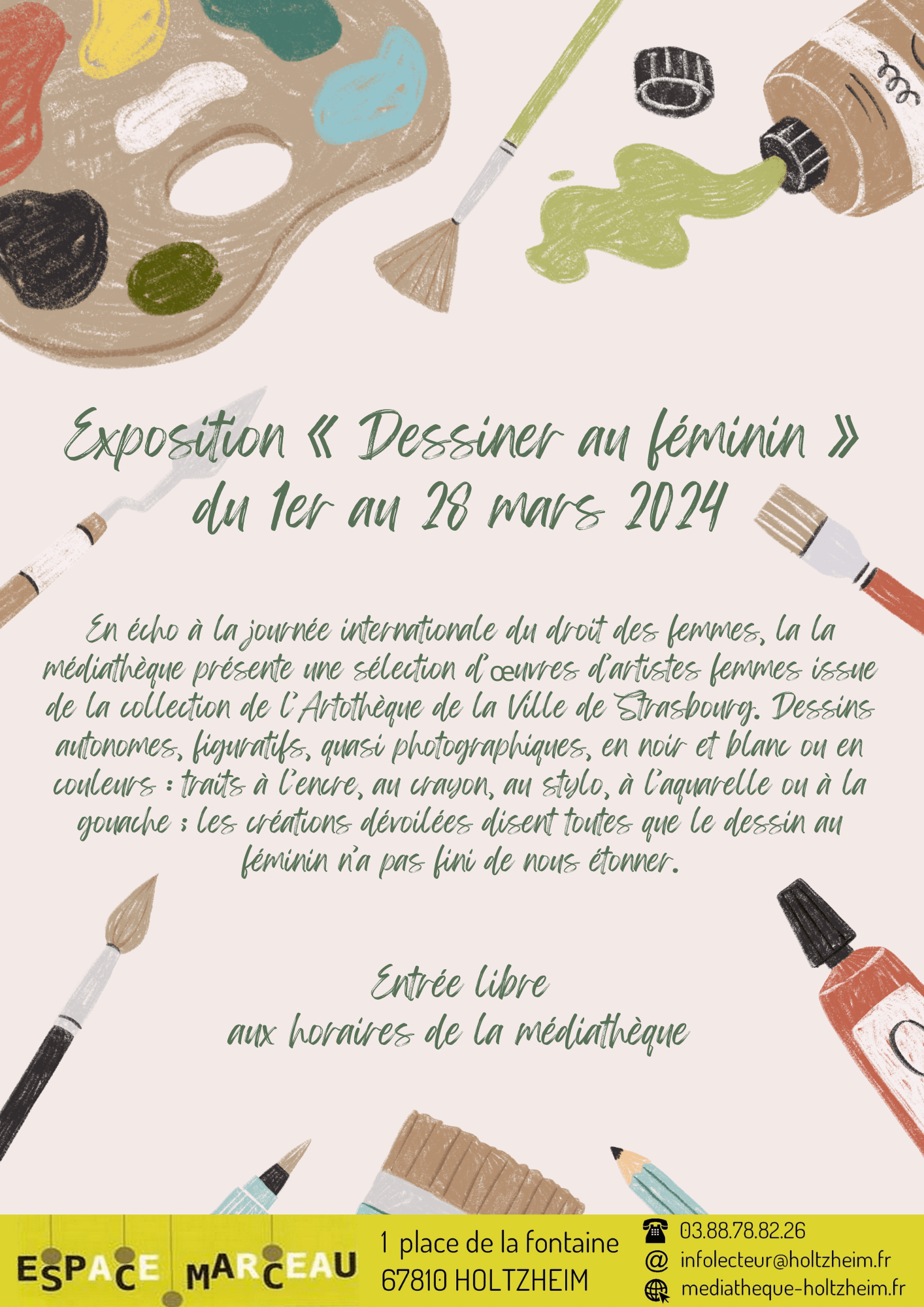 Affiche reprenant les dates et le texte descriptif de l'exposition (du 1er au 28 mars 2024), avec des illustrations de palettes de peinture et de pinceaux