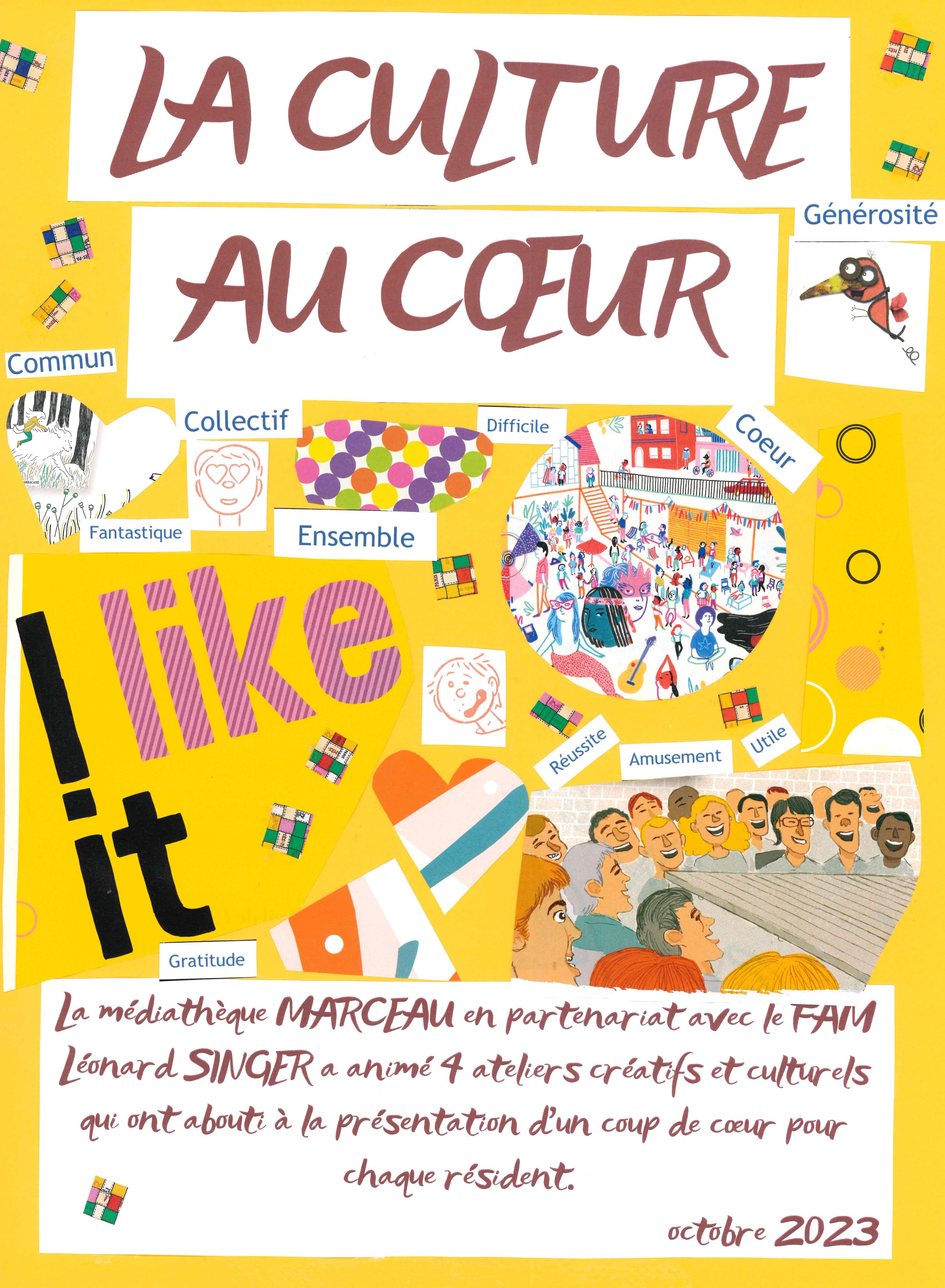 Affiche de l'exposition du Fam de couleur jaune en découpage collage avec le titre La culture au cœur